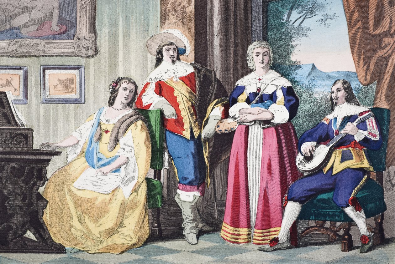 Traje cavalier inglês durante o reinado de Charles II, c.1670, de "A História Nacional e Doméstica da Inglaterra", de William Hickman Smith Aubrey (1858-1916), publicado em Londres, c.1890 de English School