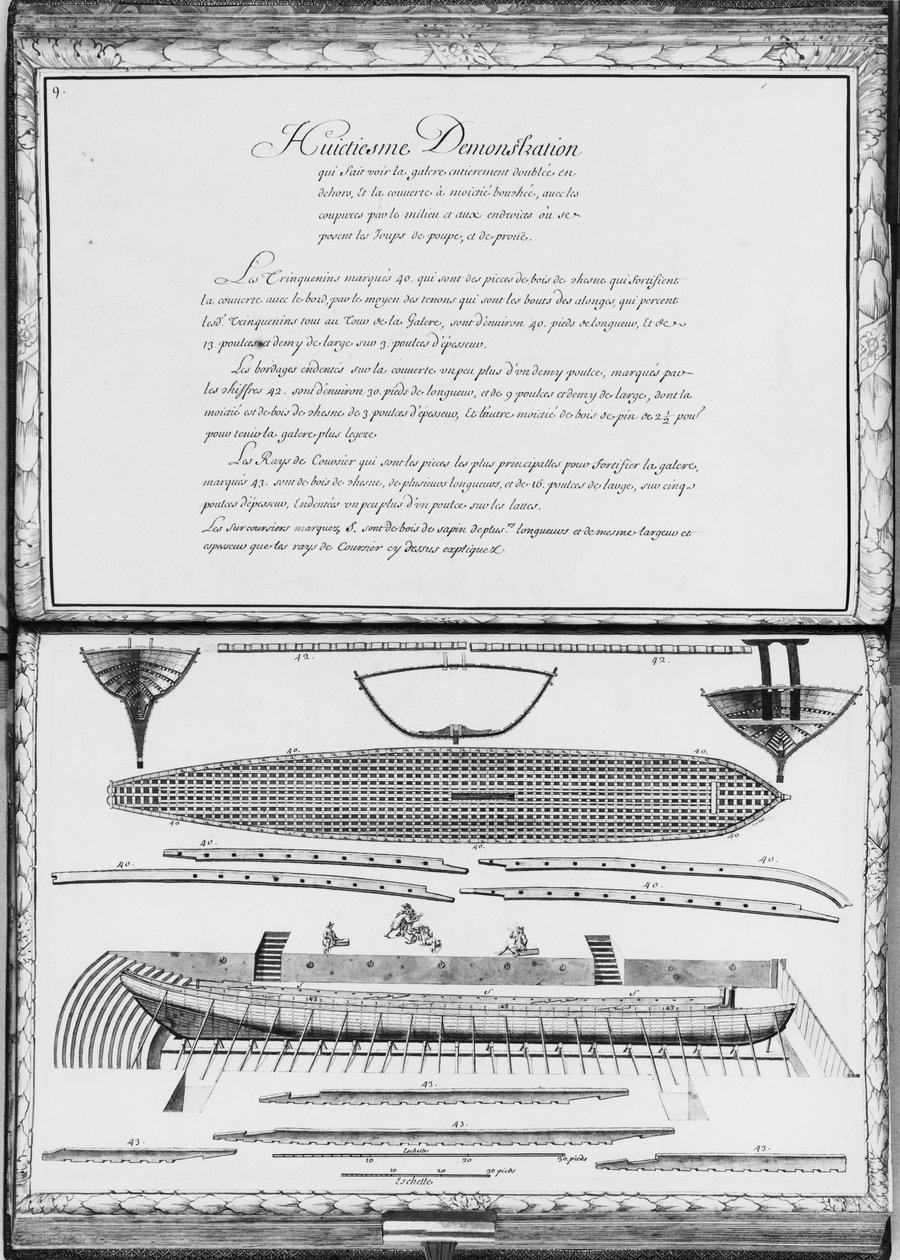 Uma galera inteiramente forrada do lado de fora, oitava demonstração, prato 9, ilustração de &39;Demonstrações de todos os pedaços de madeira, cravo e ferremens que entram na construção de uma galera ...&39; (por exemplo de French School