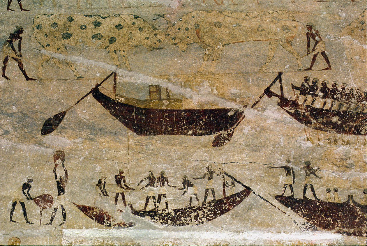 Barcos indo a jusante, detalhe de uma pintura de parede tumba, egípcio, velho para o Reino Médio (calcário pintado) de Unknown