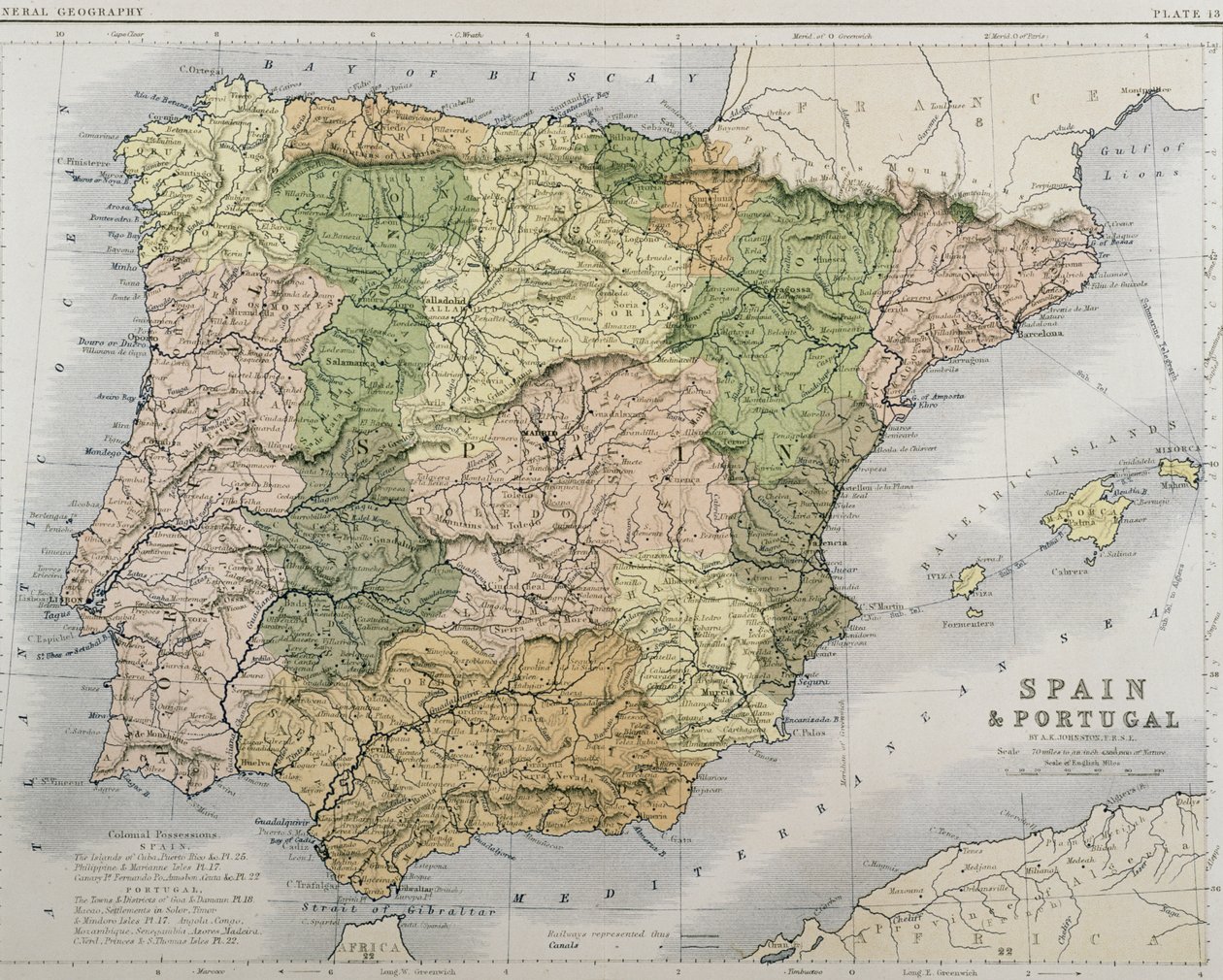 Um mapa da Espanha e Portugal, c.1869 de Alexander Keith Johnston