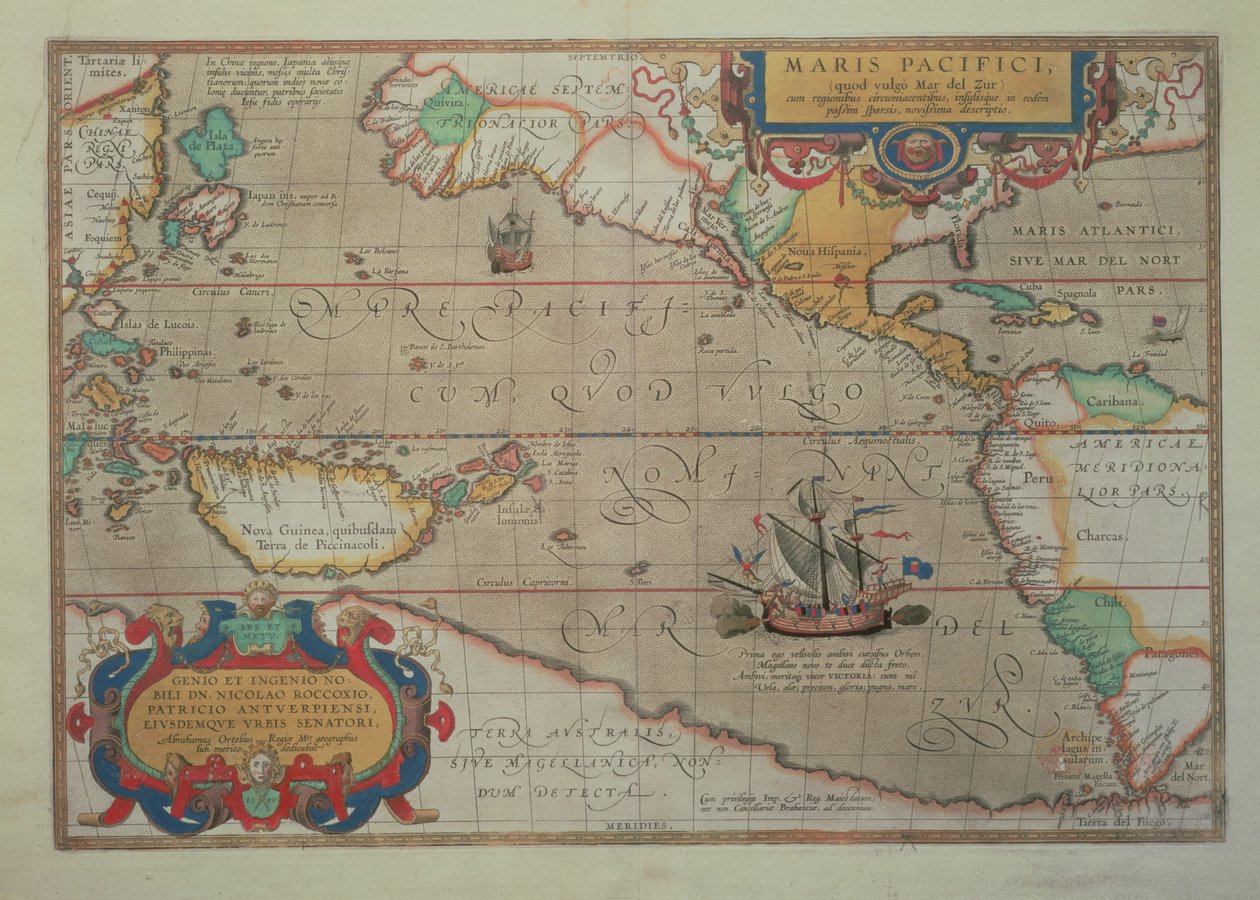 Mapa do Pacífico, China e América, 1589 por Abrahamus Ortelius (l527-98) (para detalhes ver 84597) de Abraham Ortelius