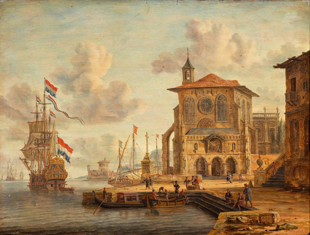 Cena do porto com edifício medieval de Abraham Storck