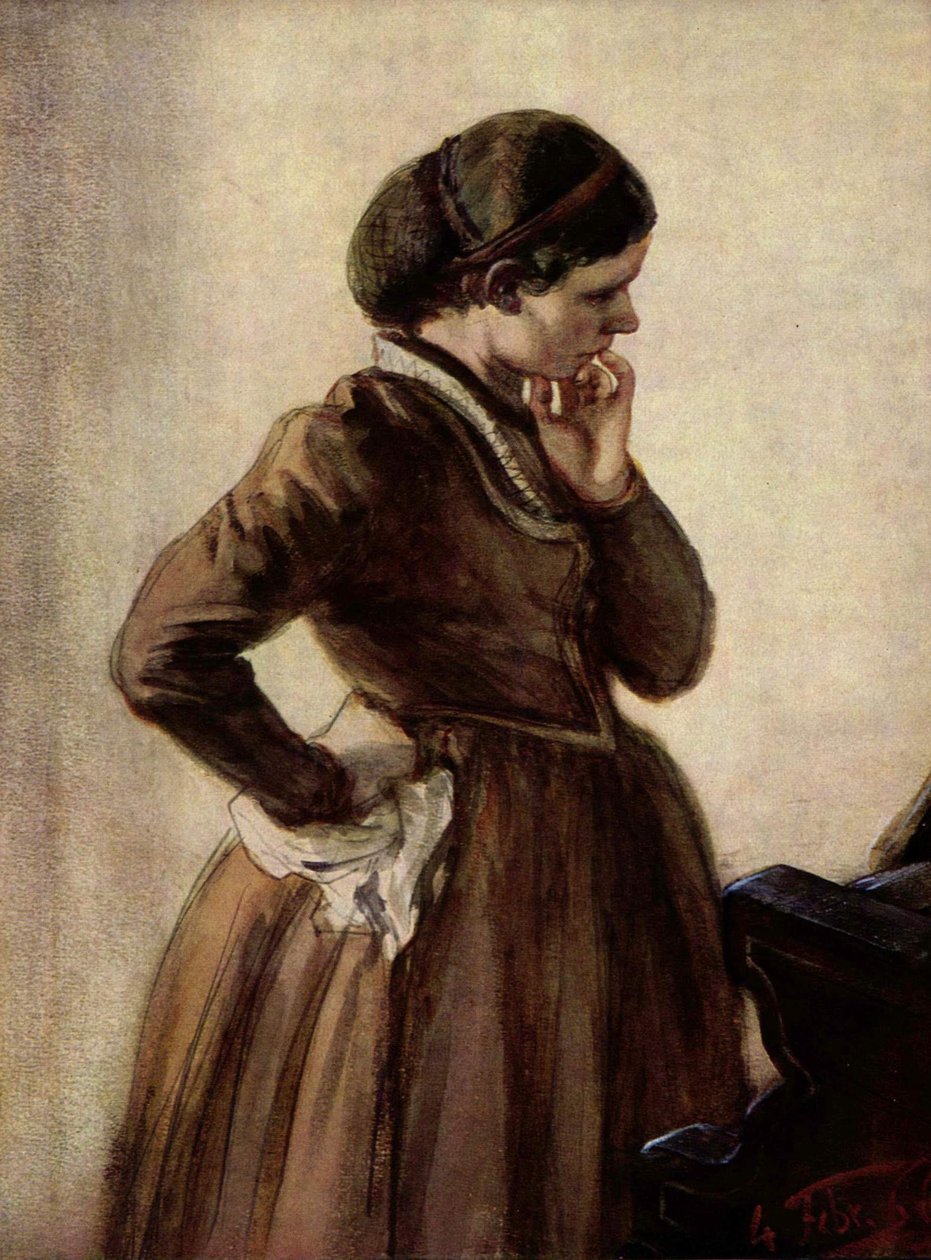 Emilie Menzel em pé ao piano de Adolph Menzel