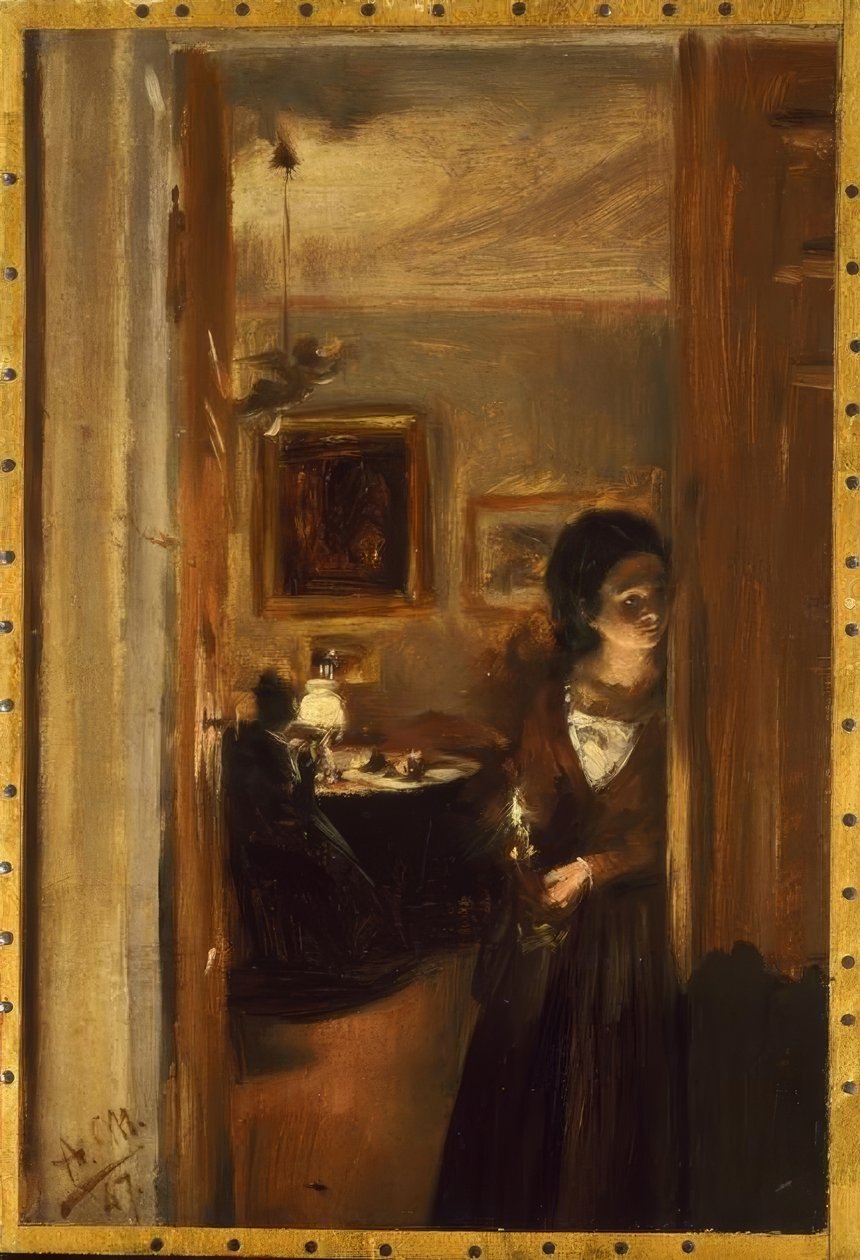 Sala de estar com a irmã de Menzel de Adolph Menzel