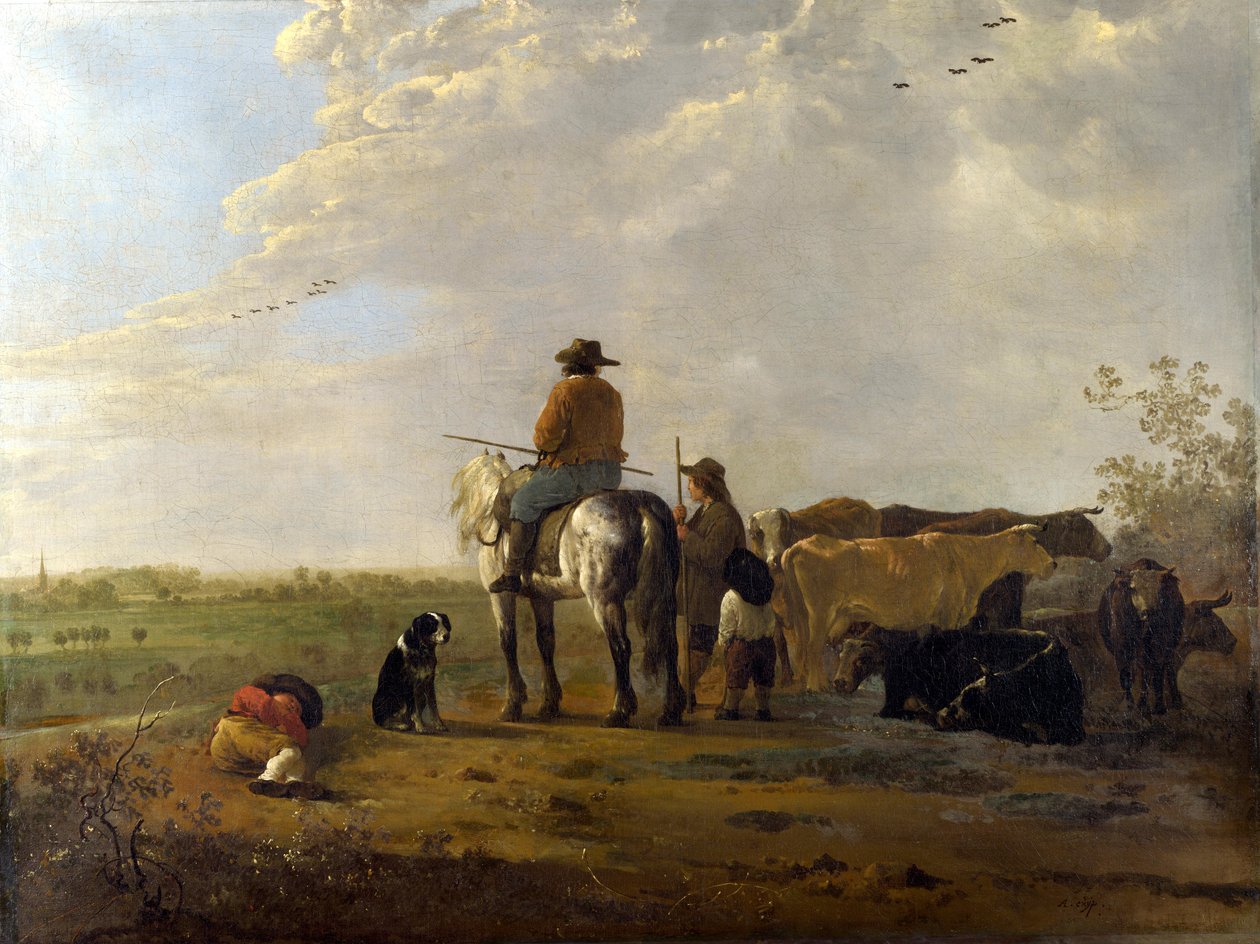 Uma paisagem com cavaleiro, pastores e gado de Aelbert Cuyp