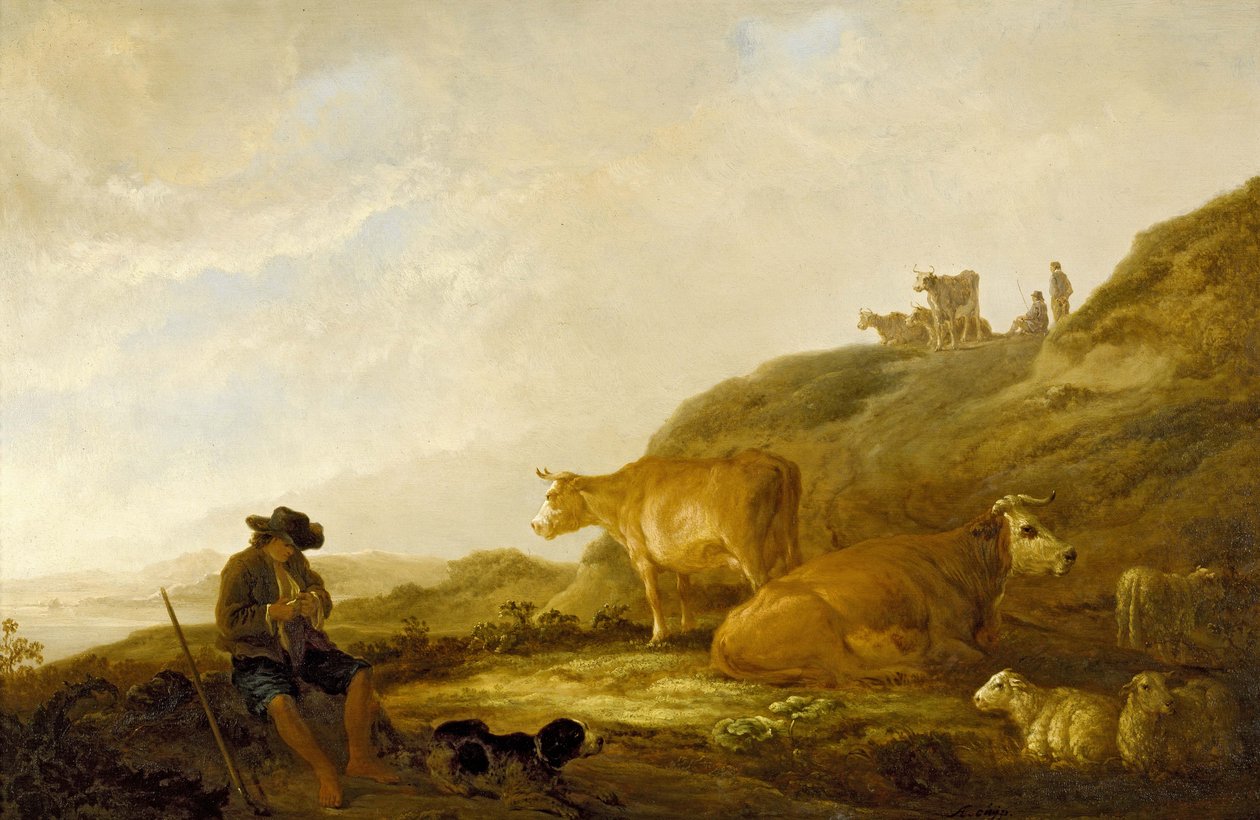 Pastor sentado com vacas e ovelhas em um prado, 1644 (óleo sobre painel de carvalho) de Aelbert Cuyp