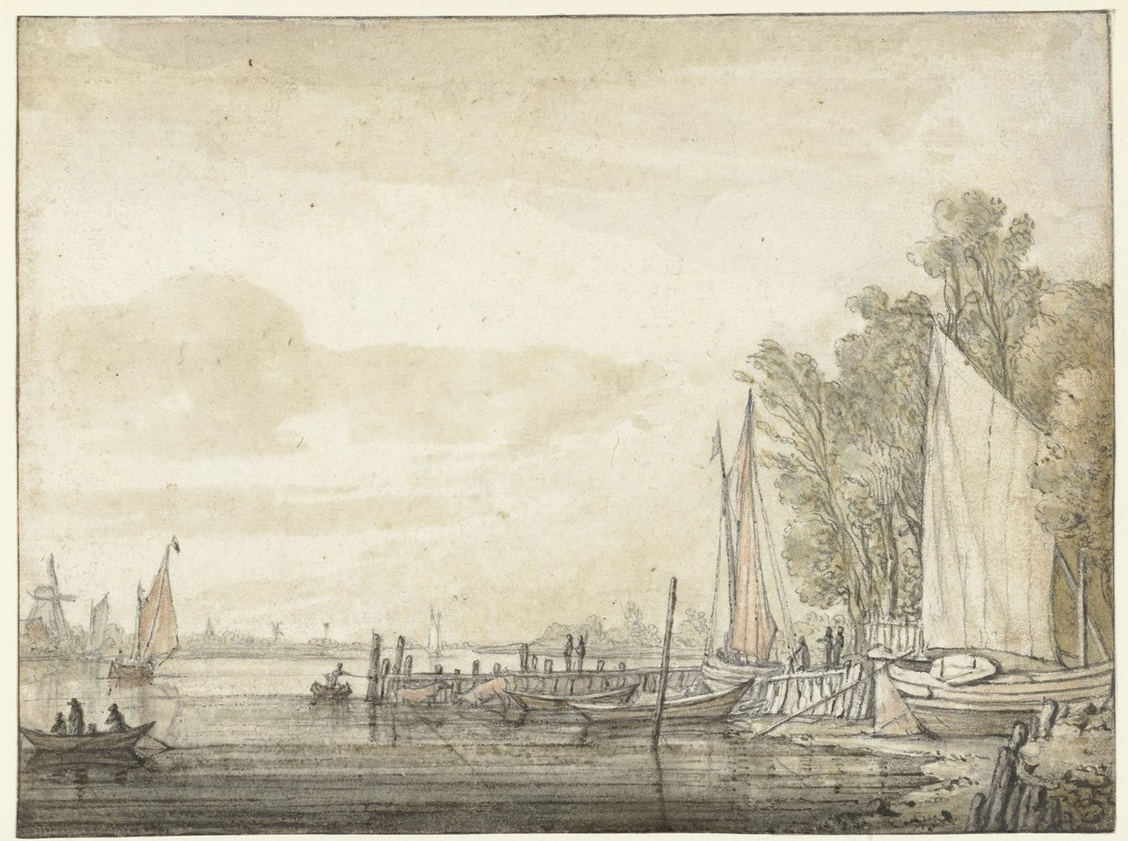 Barcos em um cais em um rio de Aelbert Cuyp