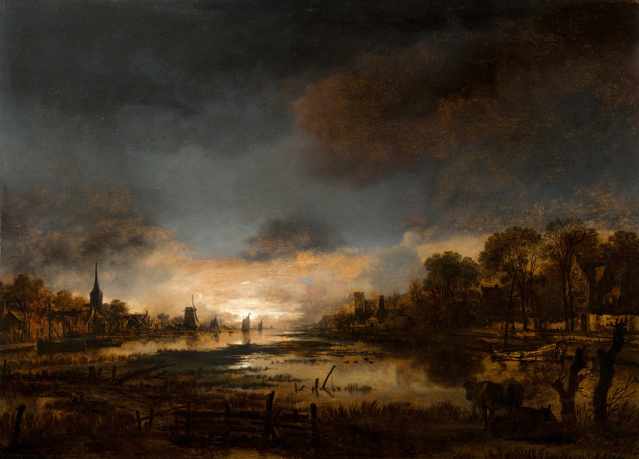 Paisagem do rio ao pôr do sol de Aert van der Neer