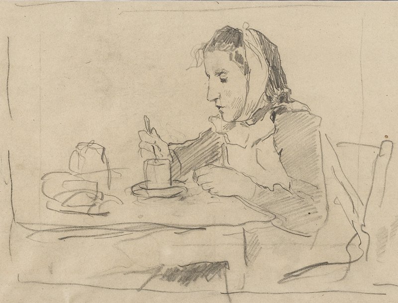 Menina sentada na mesa com copo de Albert Anker