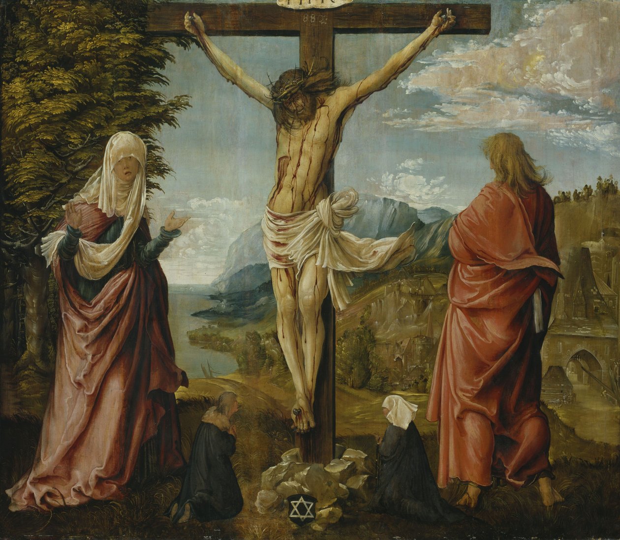 Cristo na cruz com Maria e João de Albrecht Altdorfer