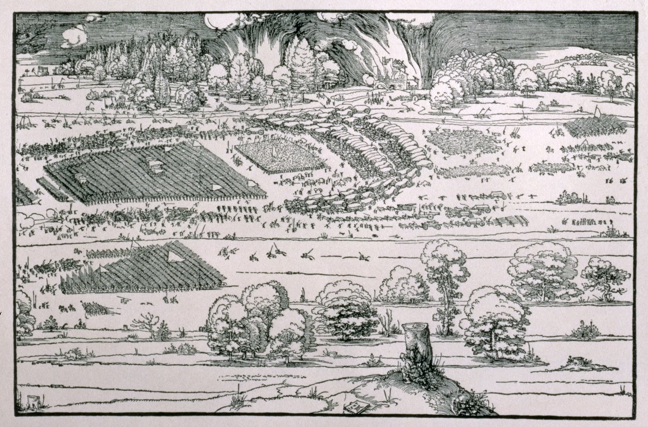 Demonstração de medidas defensivas para proteger uma cidade contra um exército sitiante, detalhe da mão direita de um prato de &39;Ensinando sobre a fortificação de cidades, castelos e lugares&39;, pub. 1527 (xilogravura) (s de Albrecht Dürer