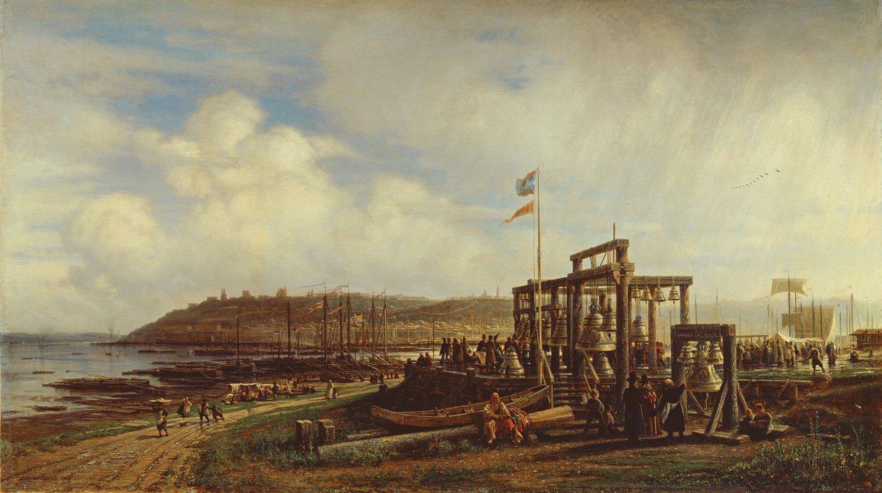 Stalls de Bell em um mercado em Nizhny Novgorod, 1862 de Aleksei Petrovich Bogolyubov