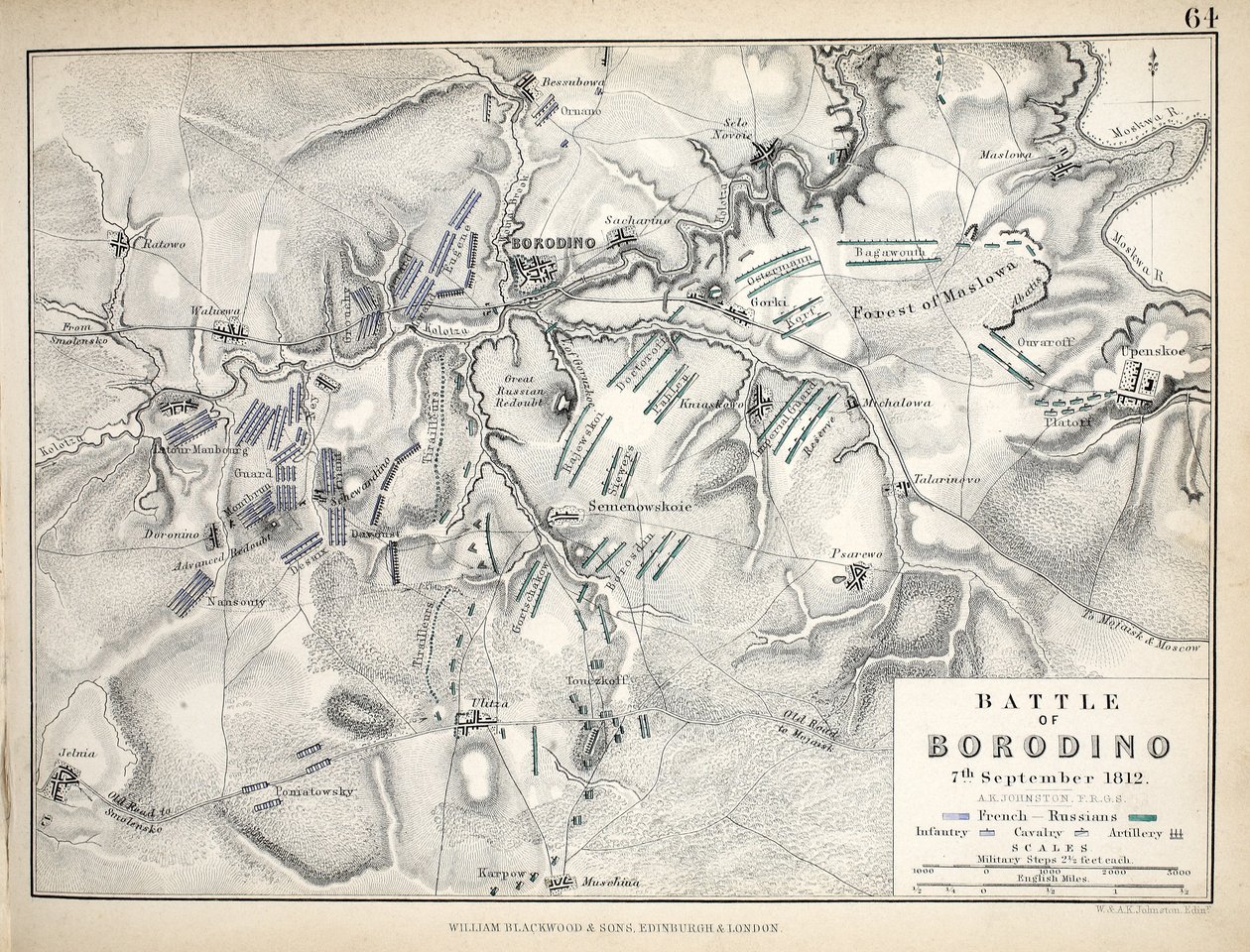 Mapa da Batalha de Borodino, publicado por William Blackwood and Sons, Edimburgo e Londres, 1848 (gravura colorida à mão) de Alexander Keith Johnston