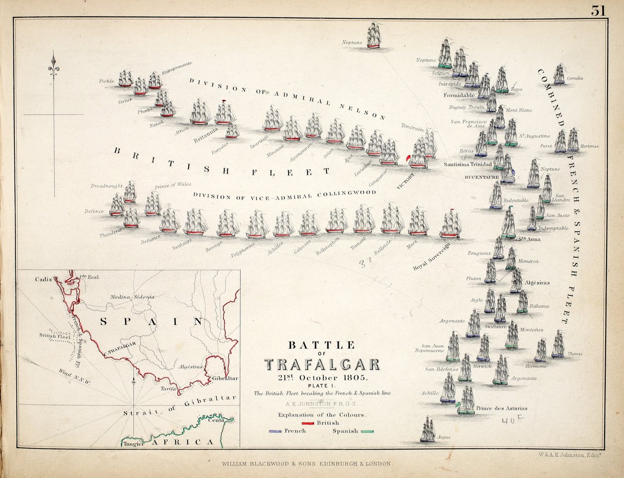 Mapa da Batalha de Trafalgar, publicado por William Blackwood and Sons, Edimburgo e Londres, 1848 (gravura colorida à mão) de Alexander Keith Johnston