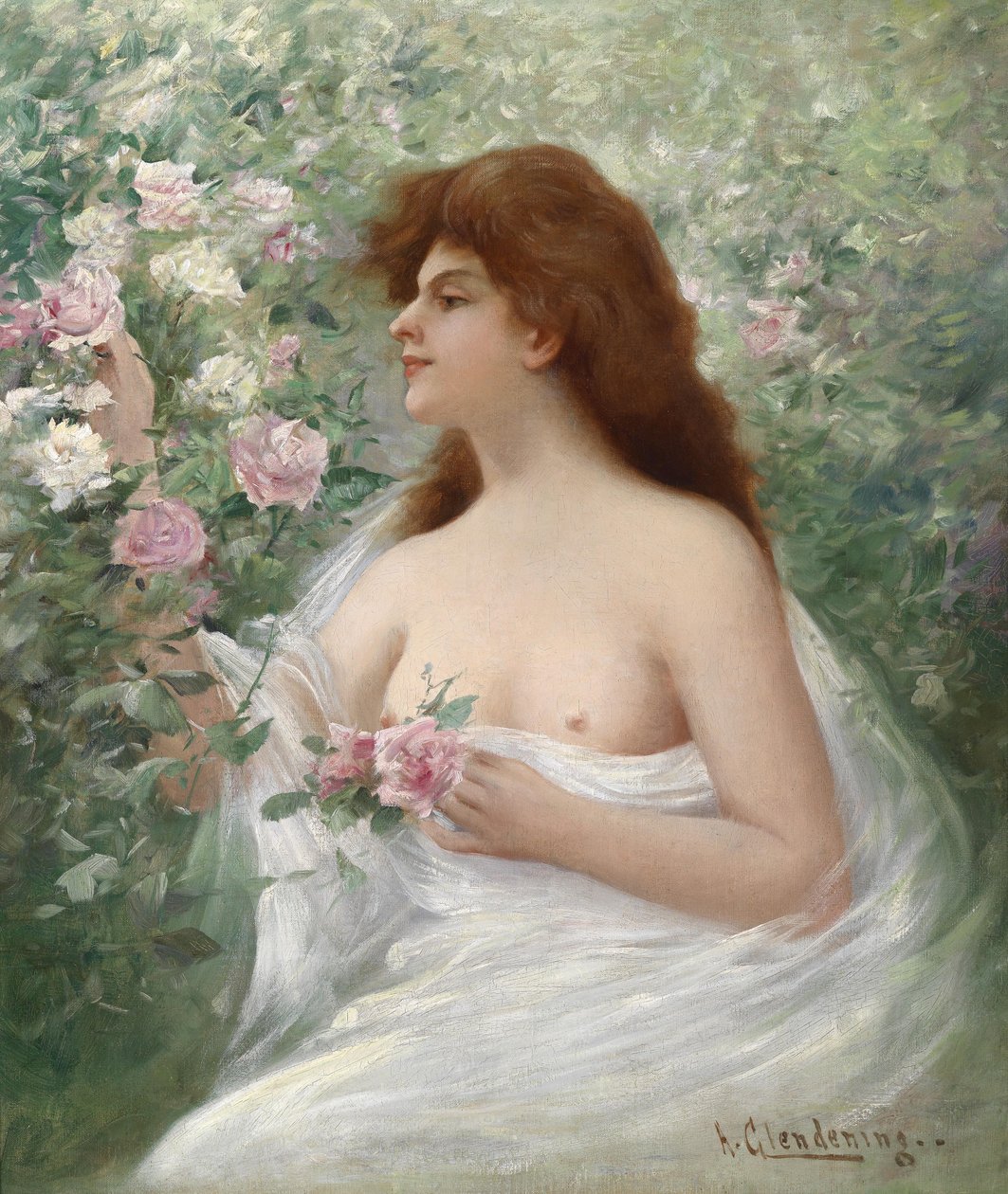 Mulher jovem, colheita, rosas de Alfred Augustus Glendening