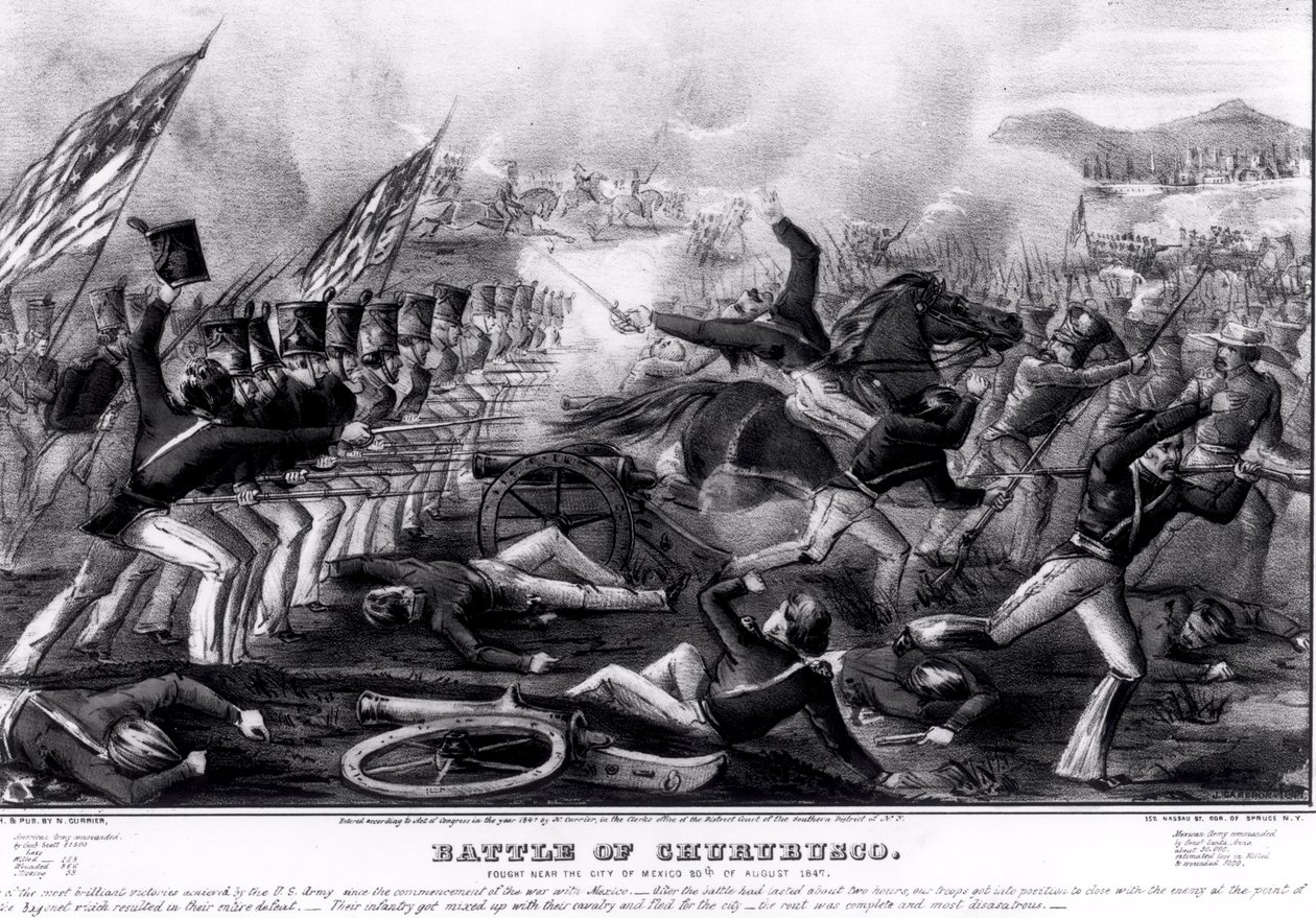 Batalha de Churubusco, travada perto da cidade do México, 20 de agosto de 1847, gravada e publicada por Nathanial Currier (1813-88) 1847 de American School