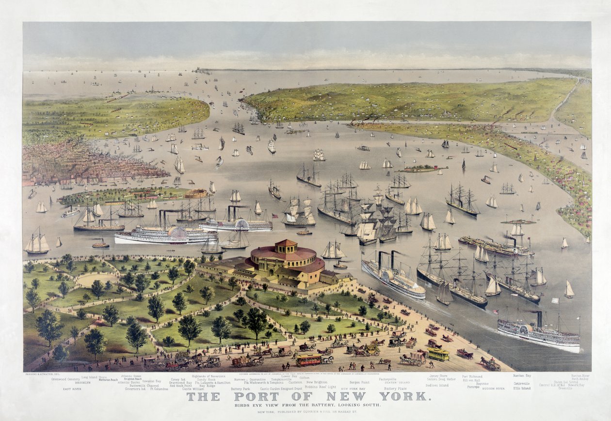 O porto de Nova York: Birds Eye View da bateria, olhando para o sul, pub. 1878 (litografia a cores) de American School