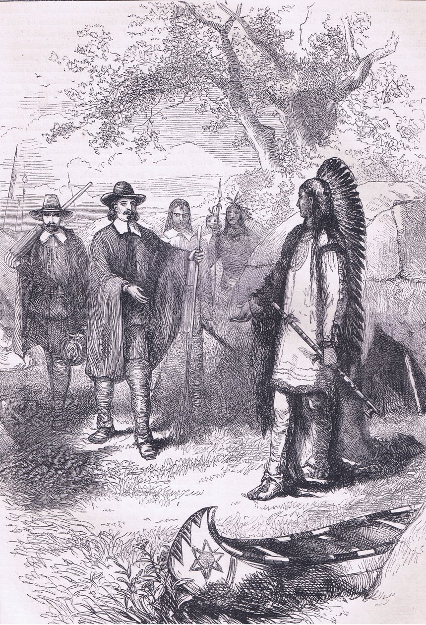 Visita de Winslows a Massaqit 1634, ilustração da história de Cassells do bar dos Estados Unidos. por Petter & Galpin c.1890 de American School