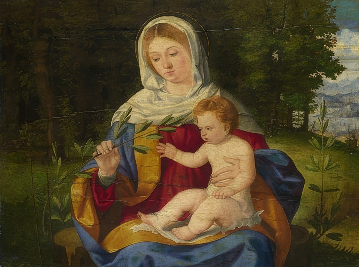 Madonna e criança com ramo de oliveira. por volta de 1515 de Andrea Previtali