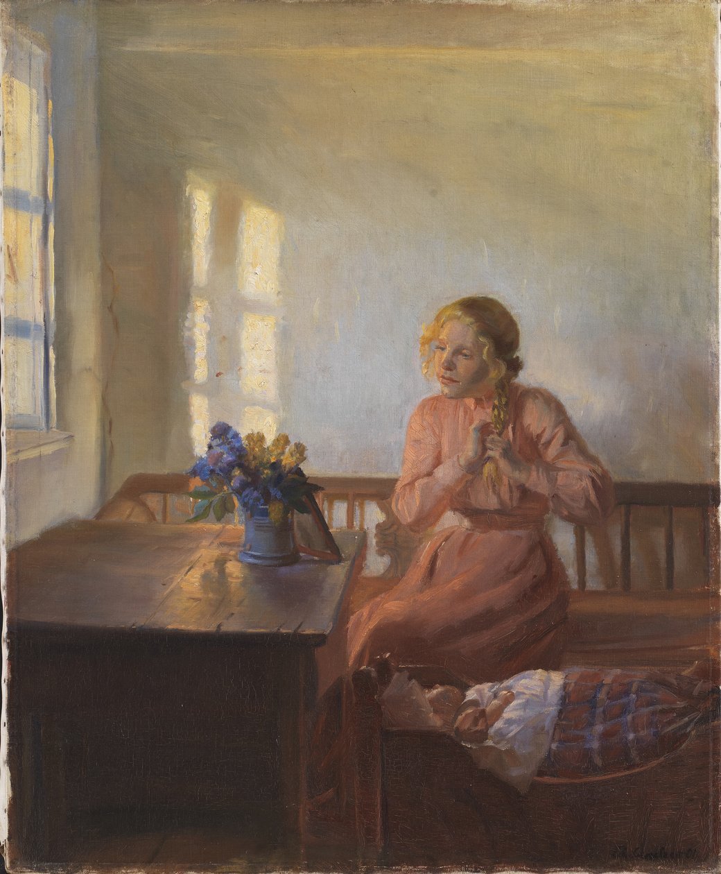 Uma jovem trançando o cabelo de Anna Ancher