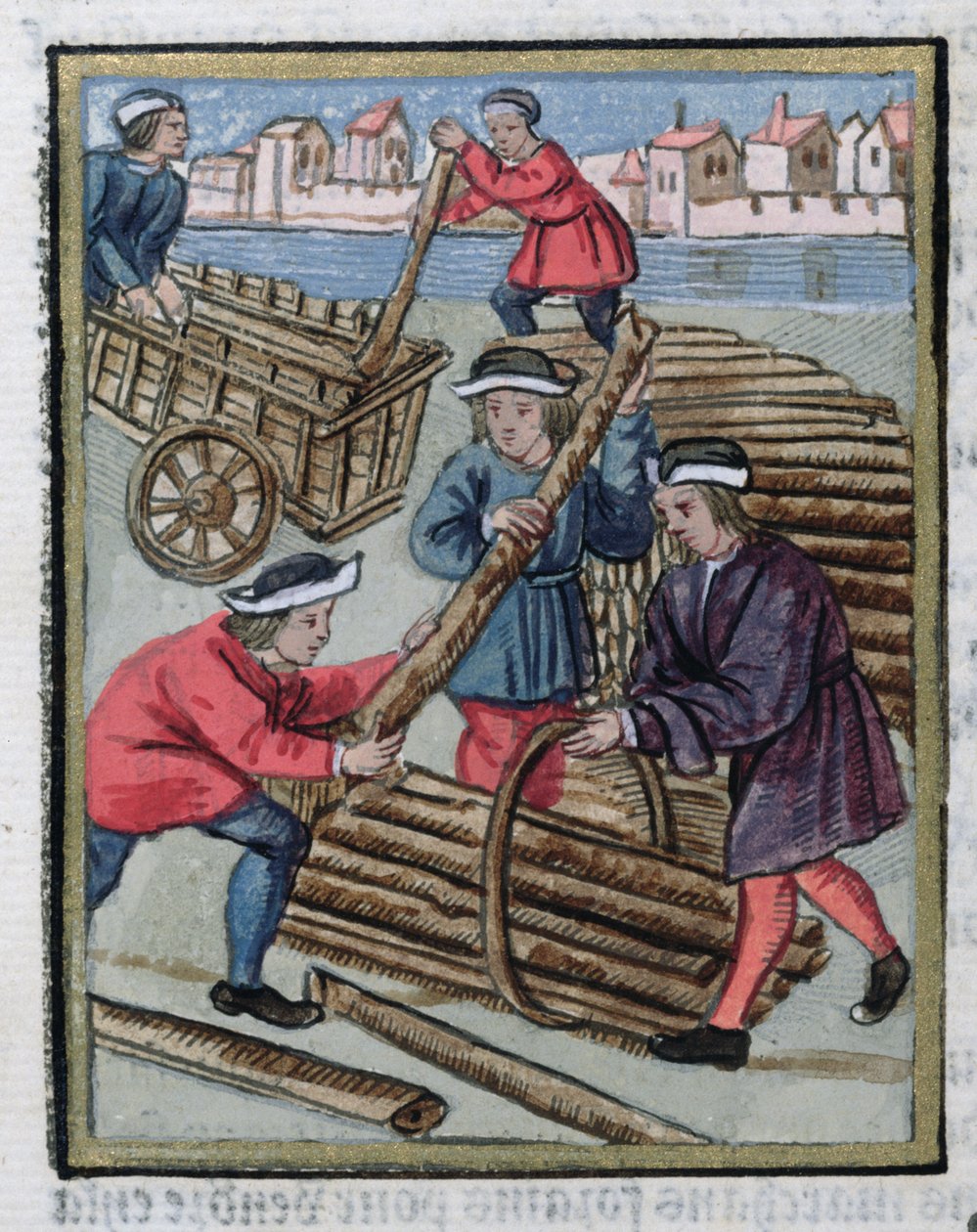 O &39;Mouleur&39;, trabalhador empregado para controlar e medir as vendas de madeira, de &39;Ordens Reais da Jurisdição dos Antigos dos Mercadores da Cidade de Paris&39;, 1528 (wc e guache sobre papel) de Antoine Verard