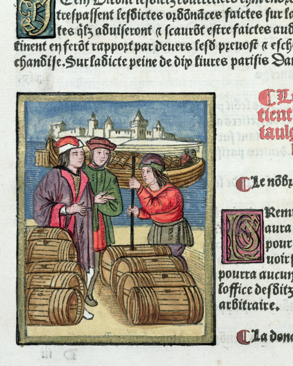 A medida e transporte de vinho, de &39;Ordens Reais da Jurisdição do Prevote dos Mercadores da Cidade de Paris&39;, 1528 (wc e guache sobre papel) de Antoine Verard