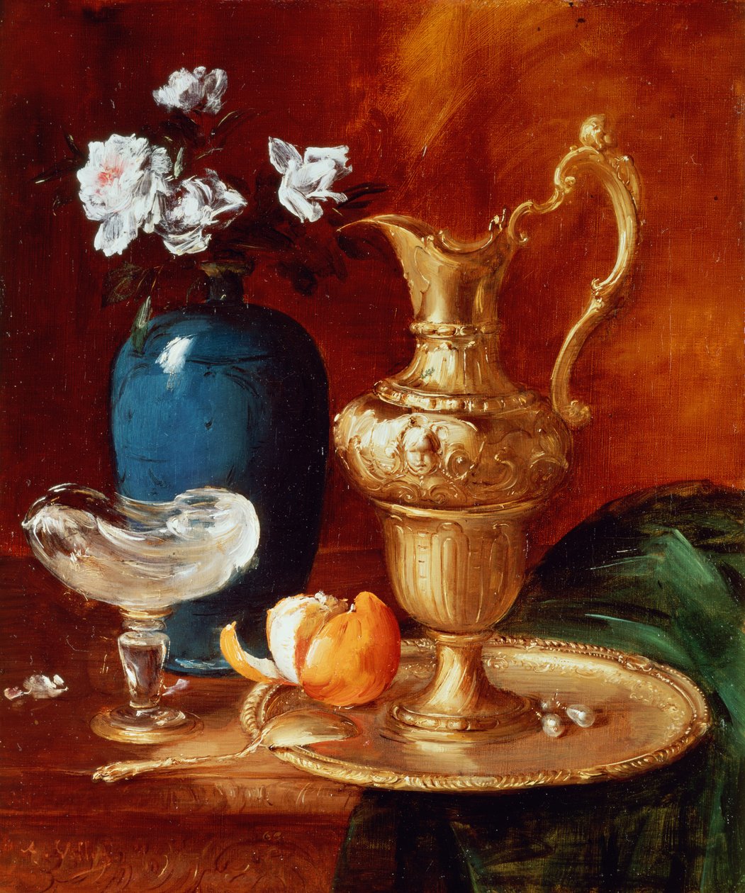 Ainda vida de um jarro dourado, vaso de flores e uma taça facon de Venise de Antoine Vollon