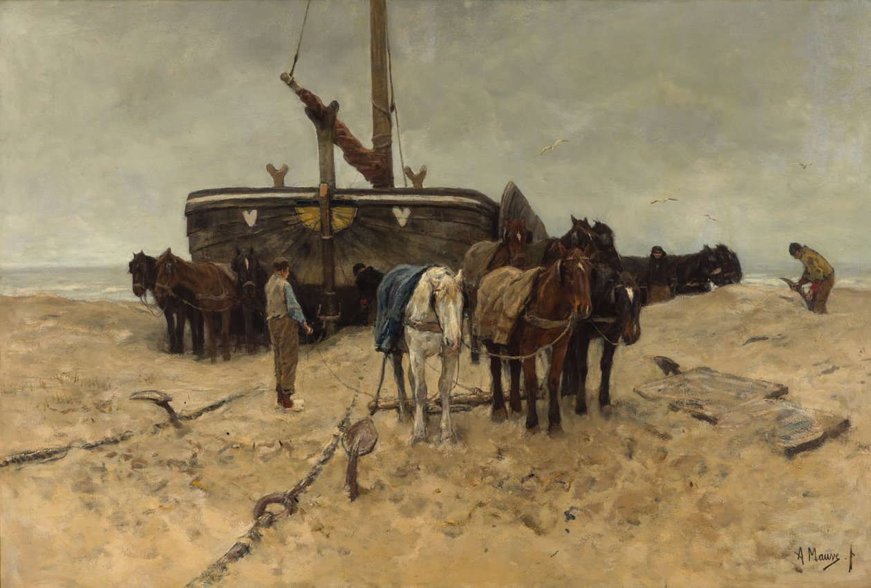 Barco de pesca na praia de Anton Mauve