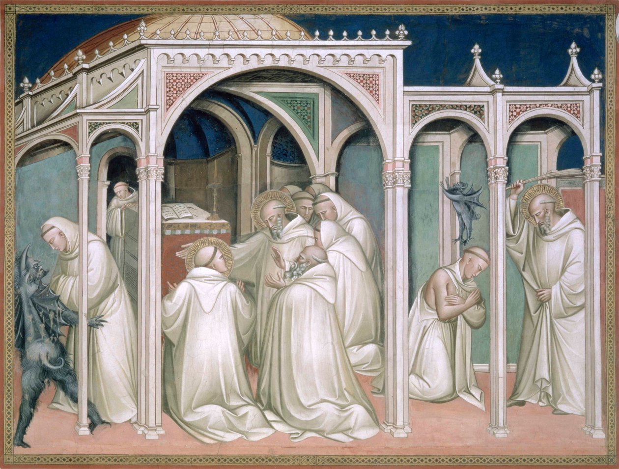 O Saint Frees a Monk Possessed, detalhe da Vida de São Bento (c.480-c.550), na Sacristia, 1387 de Aretino Luca Spinello or Spinelli