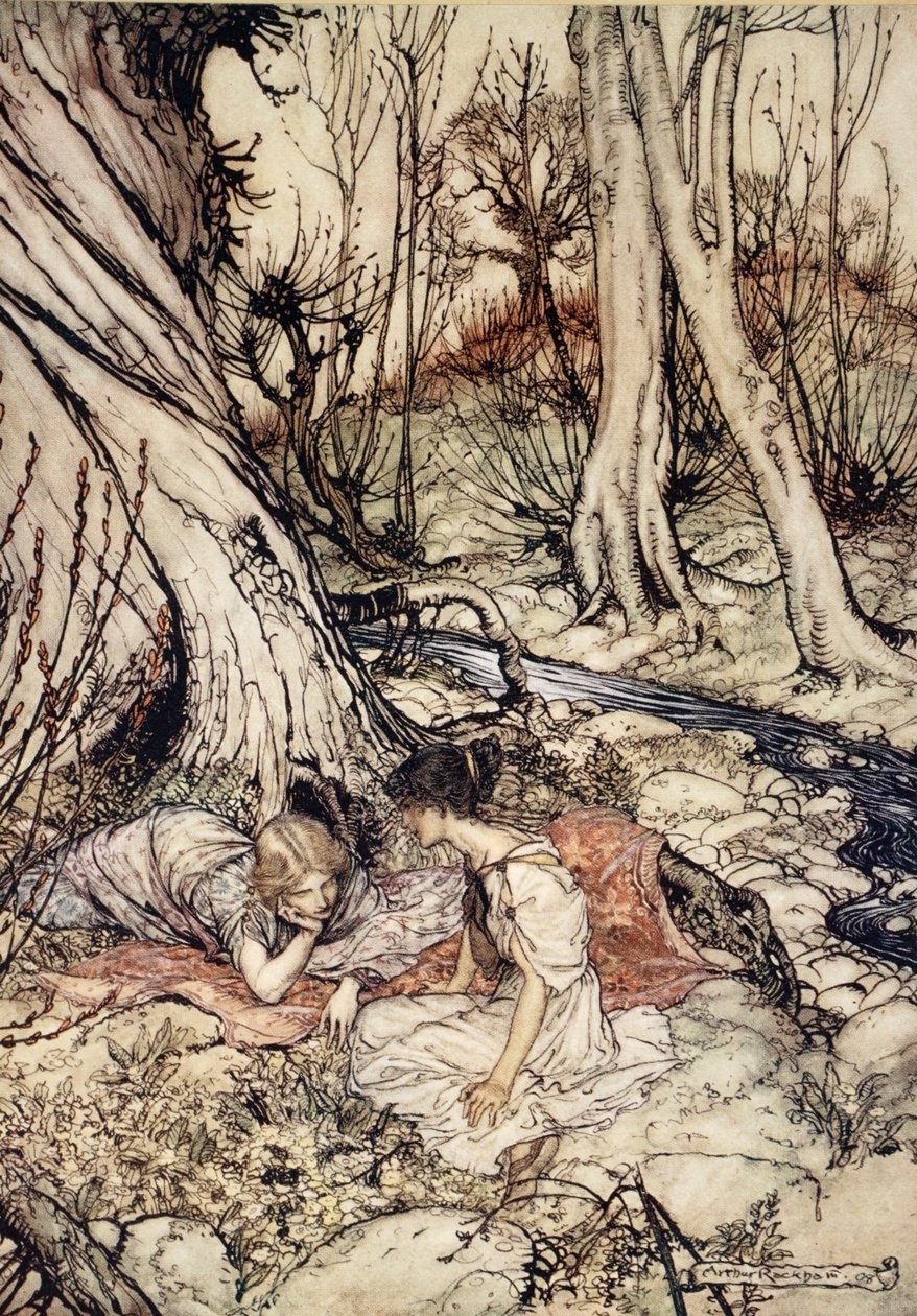 ..Quando frequentemente você e eu no fraco Primrose-camas eram costumava mentir, Esvaziando nossos seios de seus conselhos doce, ilustração de &39;Midsummer Nights Dream&39; por William Shakespeare, 1908 de Arthur Rackham