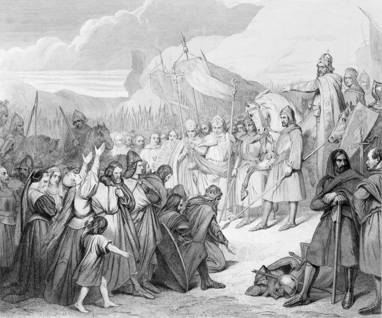 Charlemagne recebe a rendição de Witikind (sic) em Paderborn em 785, gravada por Joubert de Ary Scheffer