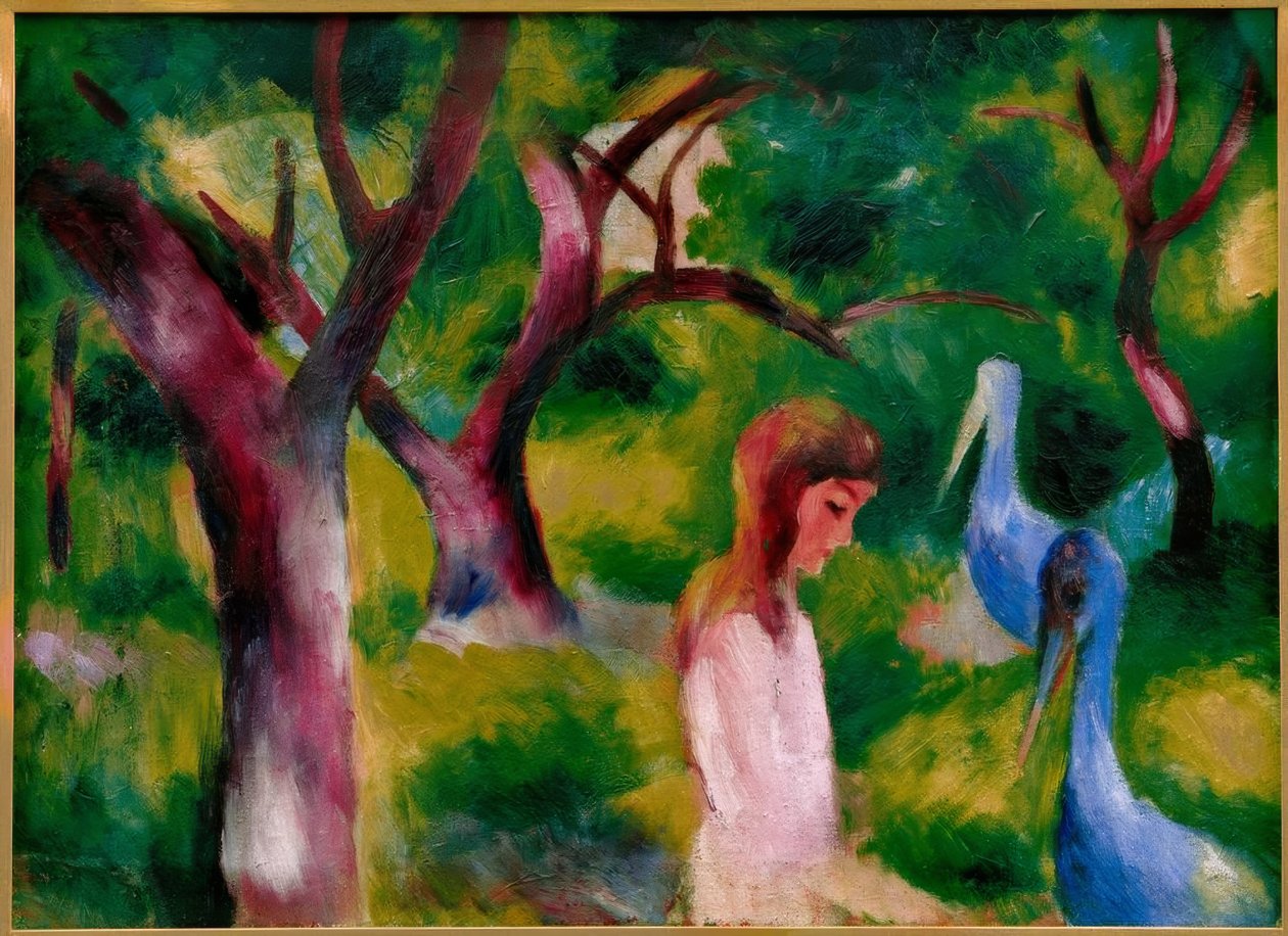 Menina com pássaros azuis de August Macke