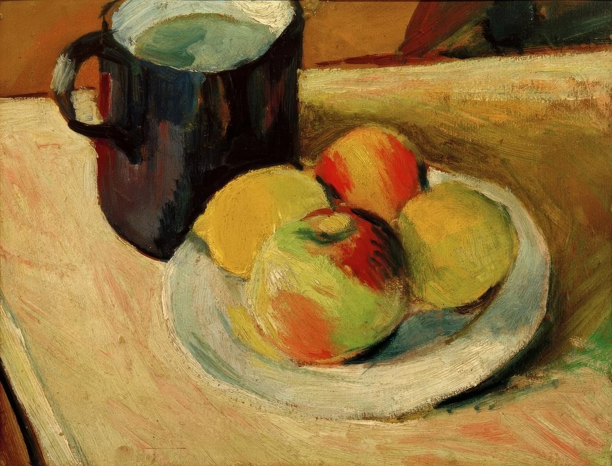 Jarro de leite e maçãs no prato de August Macke