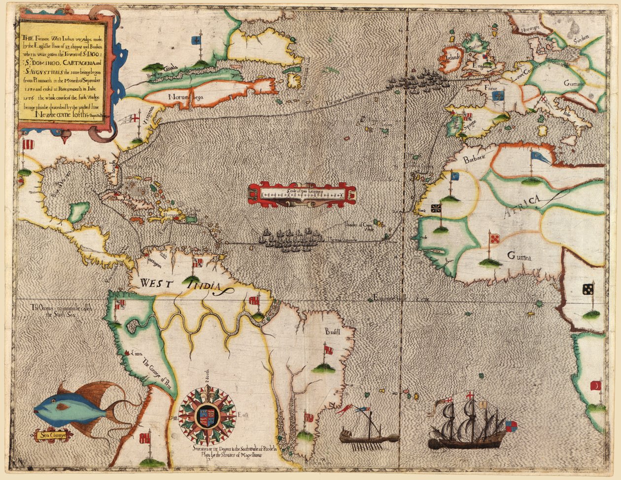 Rota da viagem de Drakes através do Oceano Atlântico, 1586 de Baptista Boazio