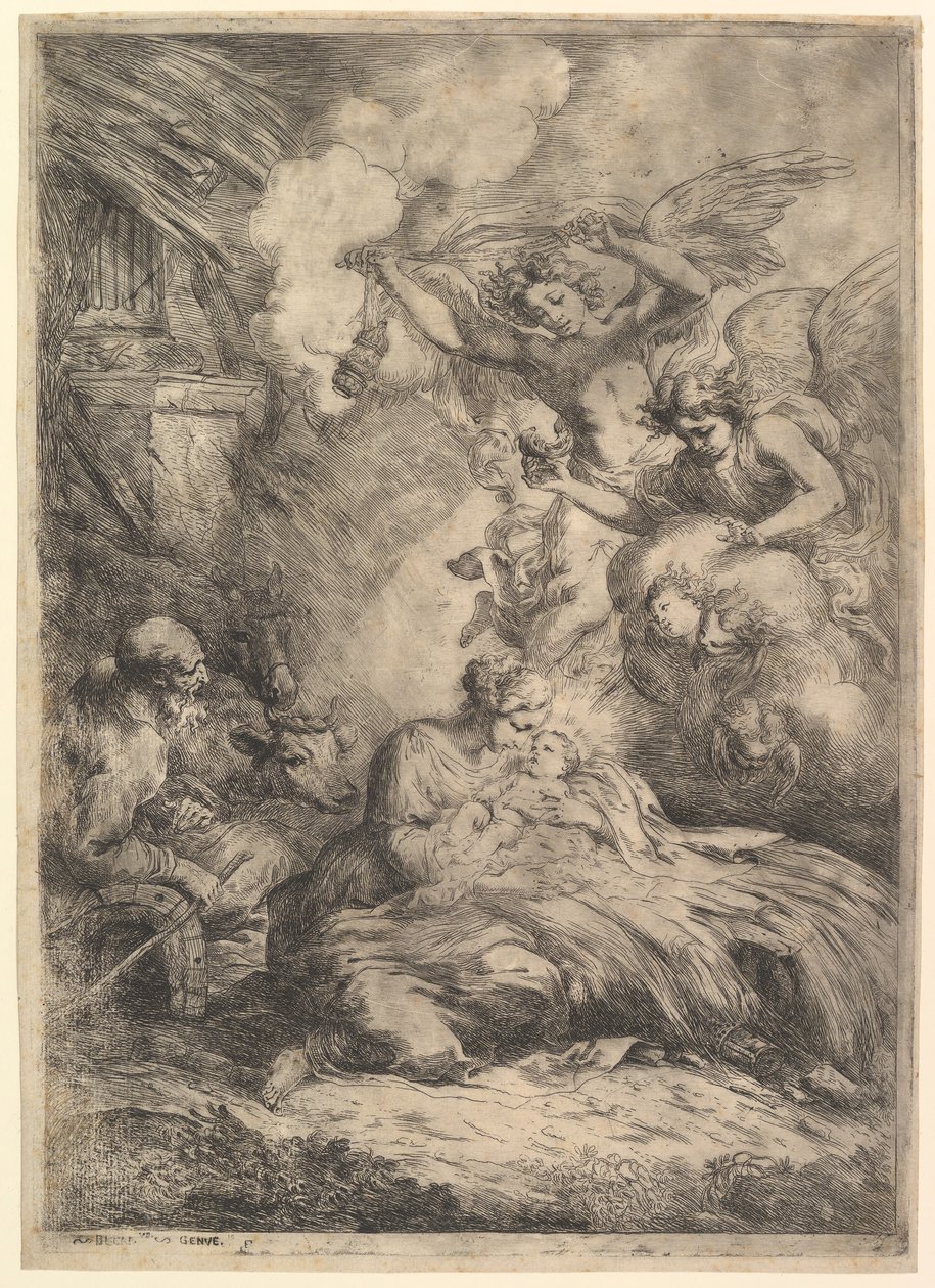 A Natividade com Anjos, 1650-57. de Bartolomeo Biscaino