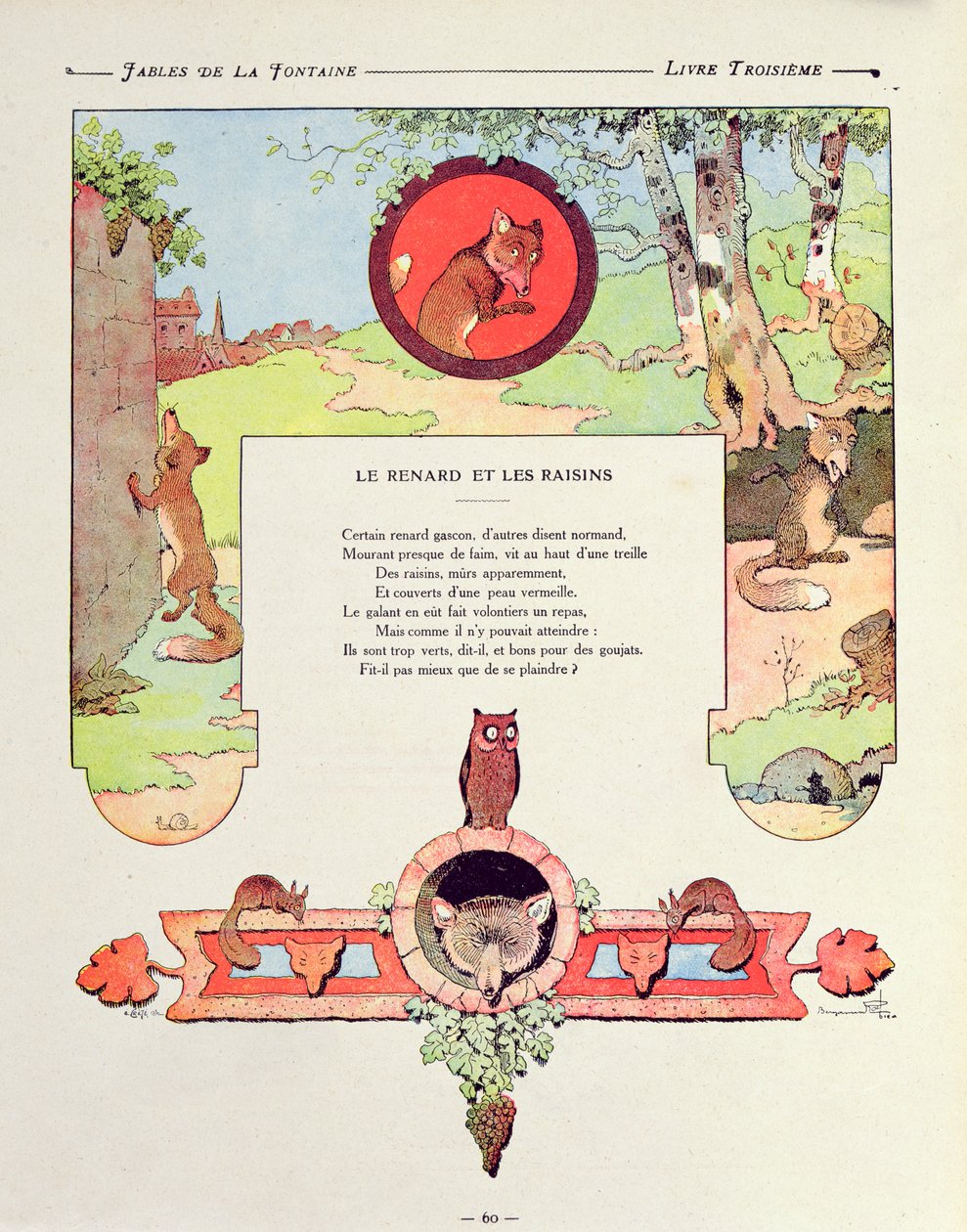 A raposa e as uvas, ilustração de &39;fábulas&39; por Jean de la Fontaine, edição de 1906 de Benjamin Rabier