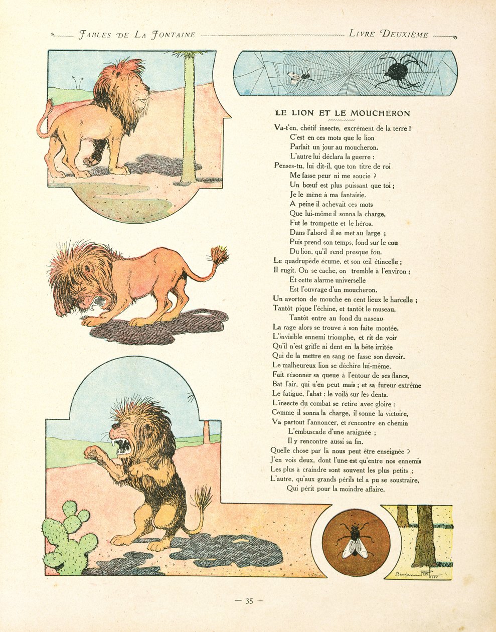 O leão e o mosquito, ilustração de &39;fábulas&39; por Jean de la Fontaine, edição de 1906 de Benjamin Rabier