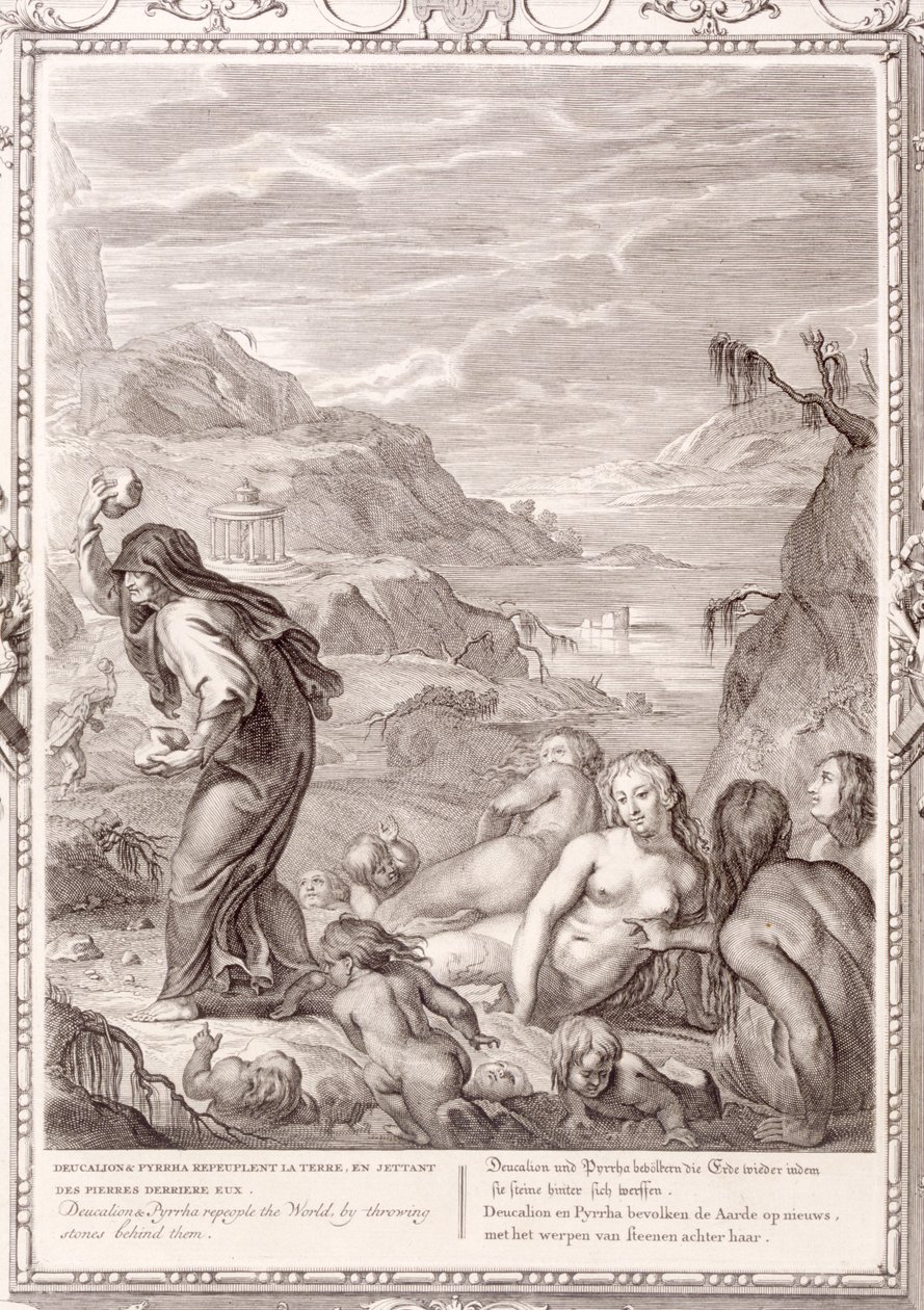 Deucalião e Pyrrha Repesople o mundo jogando pedras por trás deles, 1731 de Bernard Picart