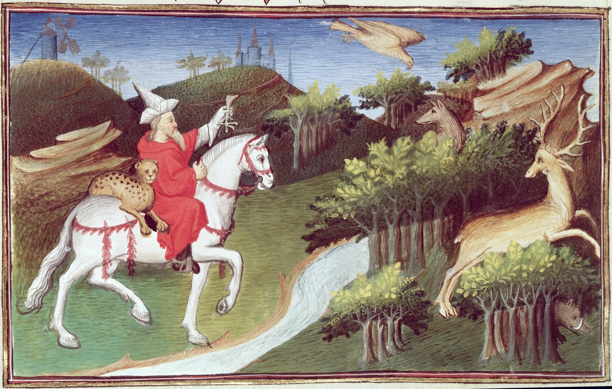 Fr. 2810 f.31v, O Grande Khan libera sua águia contra uma corça, do &39;Livre des Merveilles du Monde&39;, c.1410-12 (tempera sobre velino) de Boucicaut Master