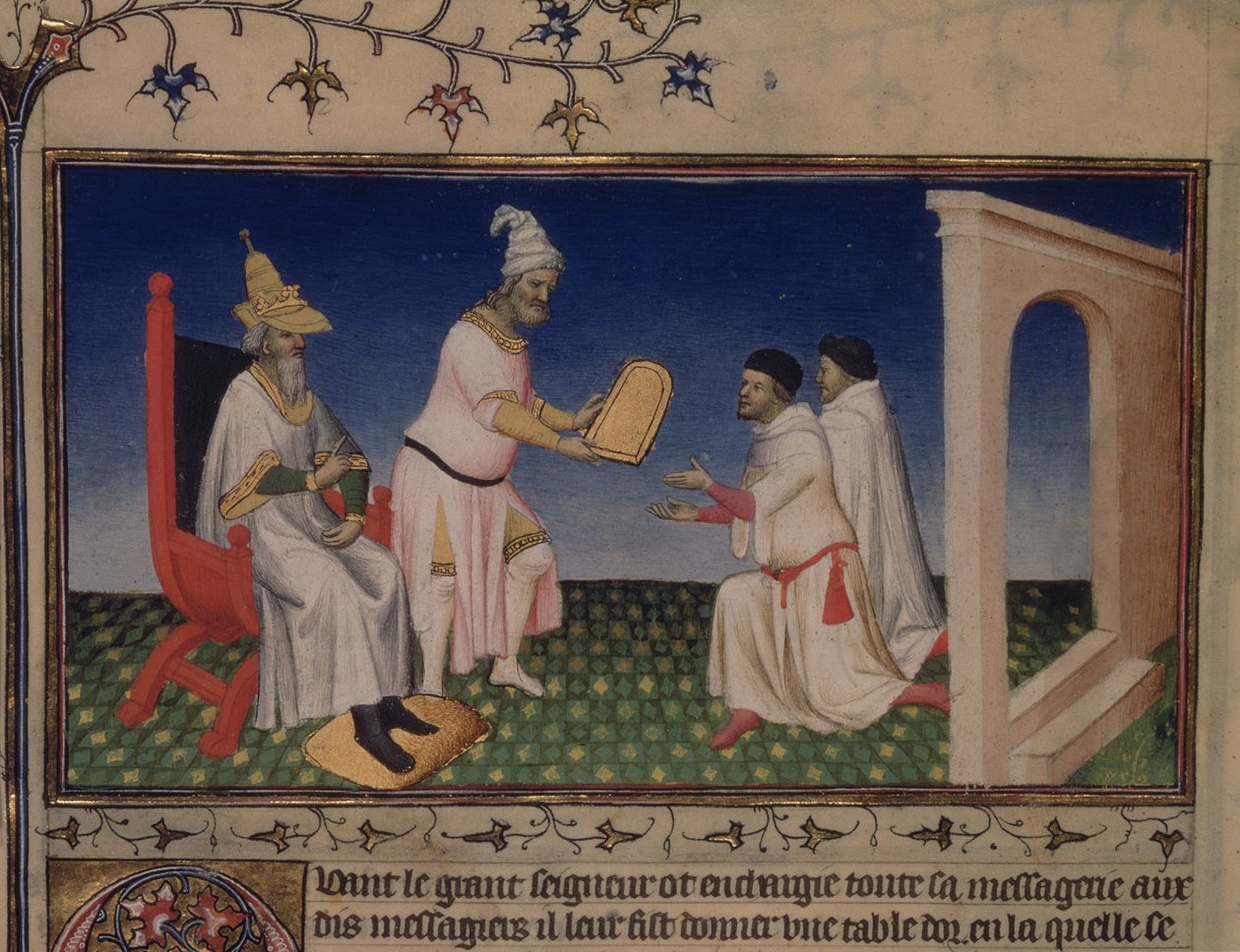 Fr. 2810 f.3v, Kublai Khan dando a Nicolo e Marco Polo um salvo-conduto para Pequim, com seu selo de ouro aos polos de Cambaluc, em 1292, de "Le Livre des Merveilles", c.1410-12 (tempera à velino) de Boucicaut Master