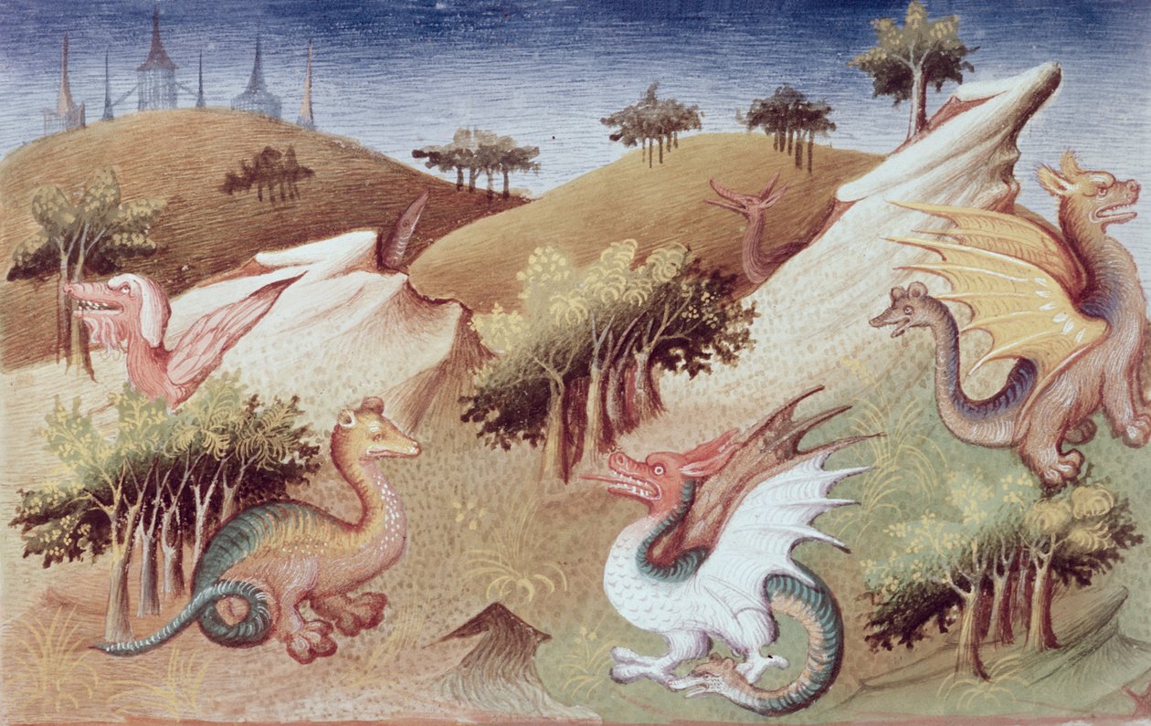 Sra. Fr 2810 f.55v, Dragões e outras bestas, de &39;O Livro das Maravilhas do Mundo&39;, c.1410-12 (tempera sobre velino) de Boucicaut Master