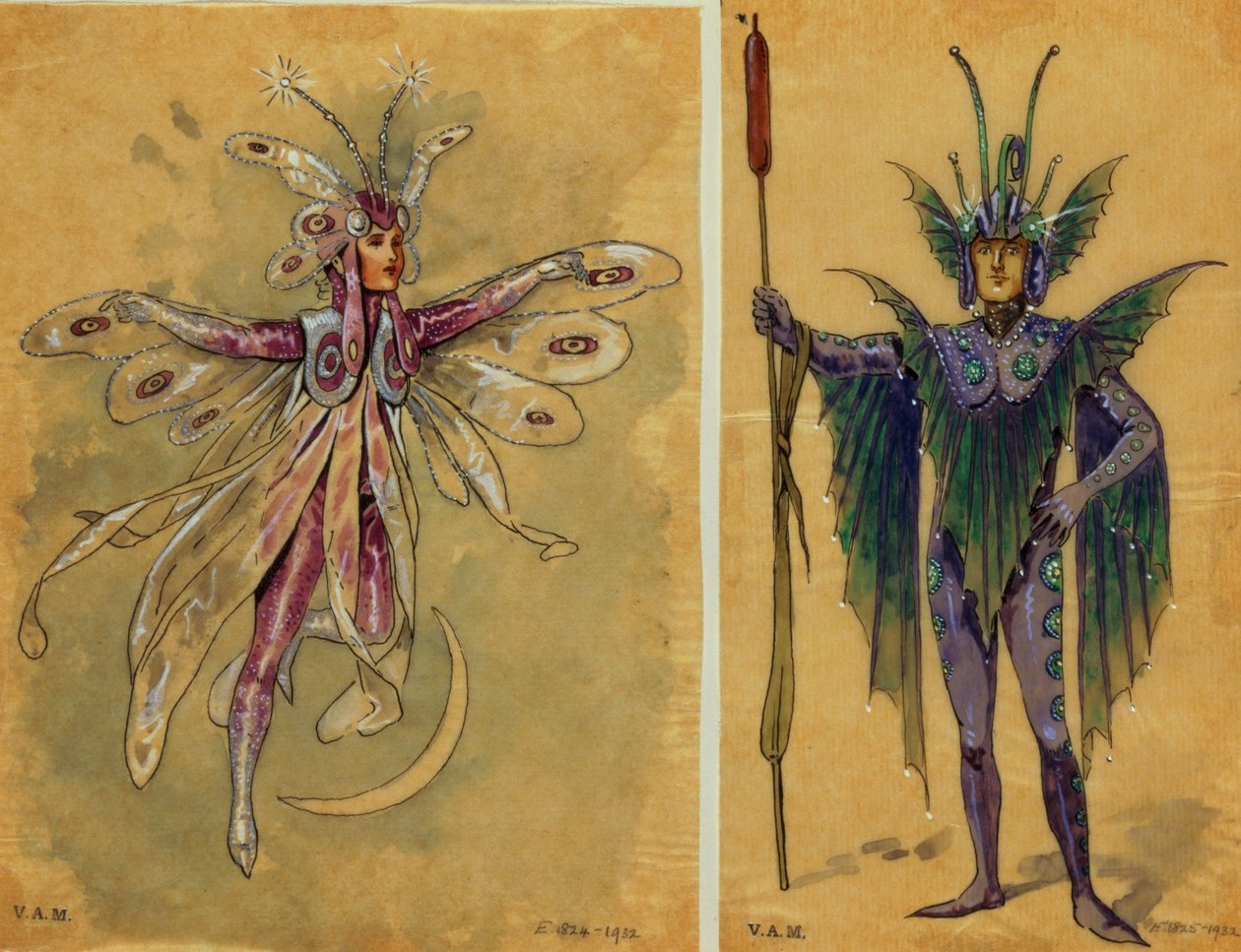 Dois figurinos para as fadas de &39;Sonho de uma noite de verão&39;, produzido por R. Courtneidge no Princes Theatre, Manchester (caneta e tinta no papel) de C. Wilhelm