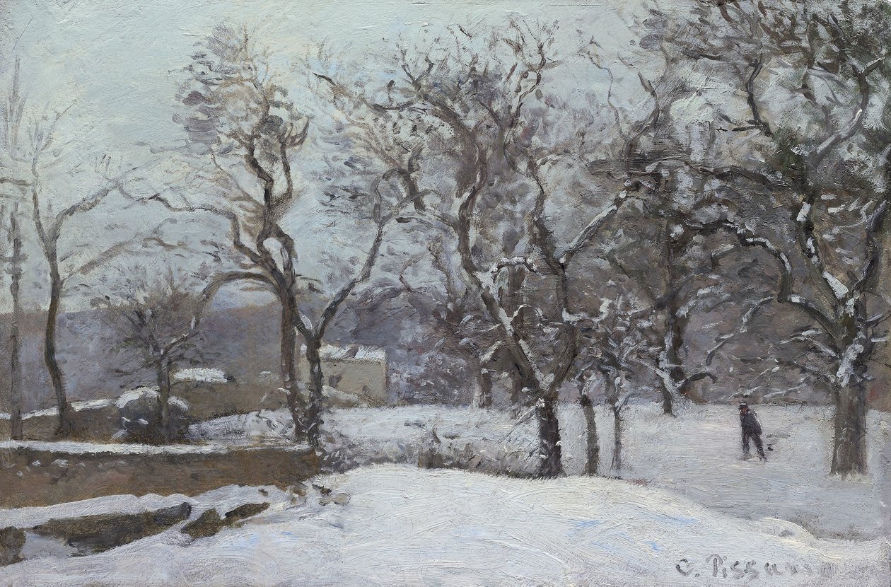 Neve em Louveciennes, c.1870 (óleo sobre painel) de Camille Pissarro