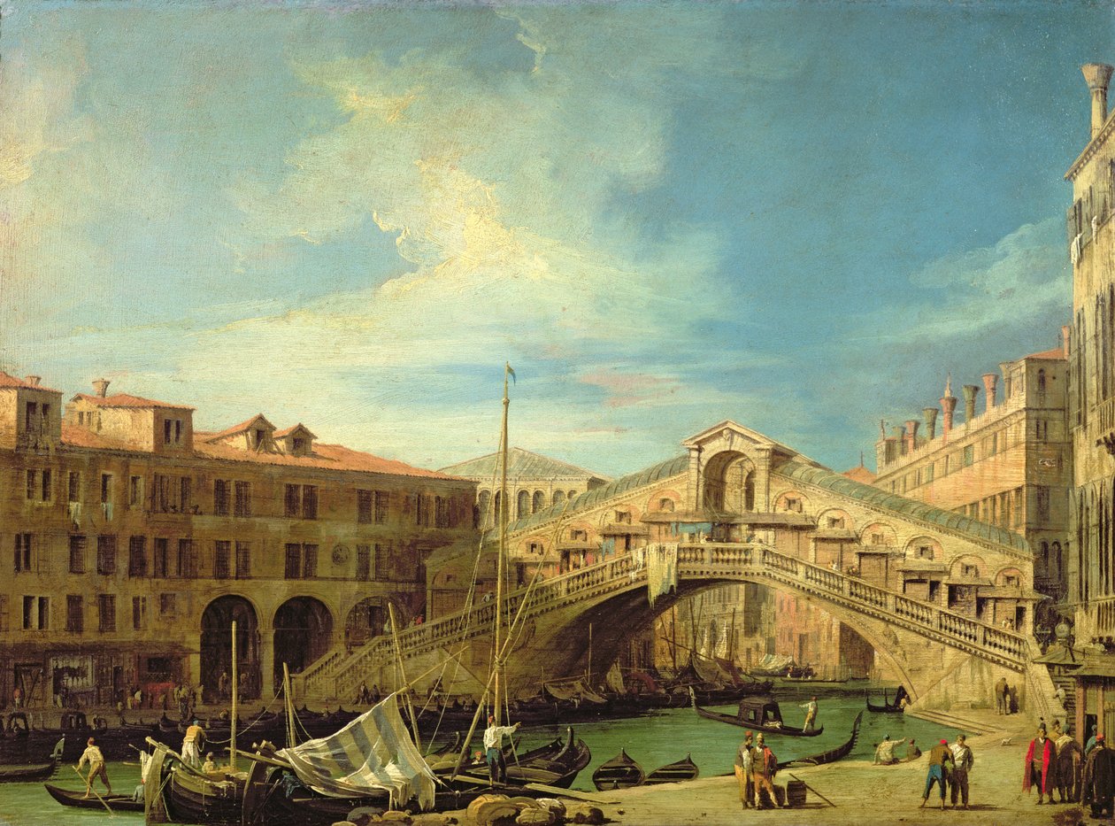 Vista do Rialto em Veneza (Vista da Ponte Rialto do Sul) (óleo em cobre) de Giovanni Antonio Canal