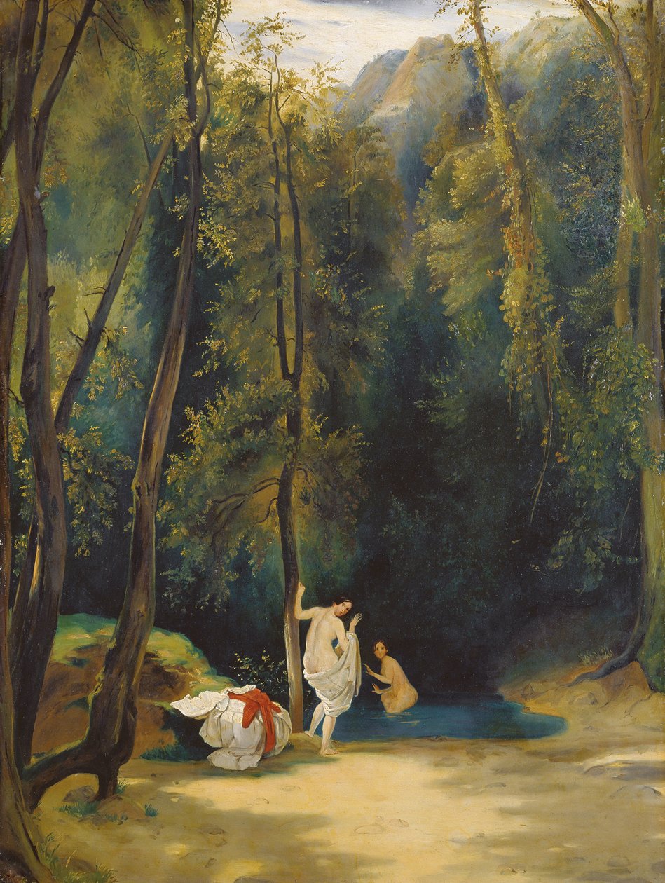 Mulher tomando banho no parque de Terni de Carl Blechen