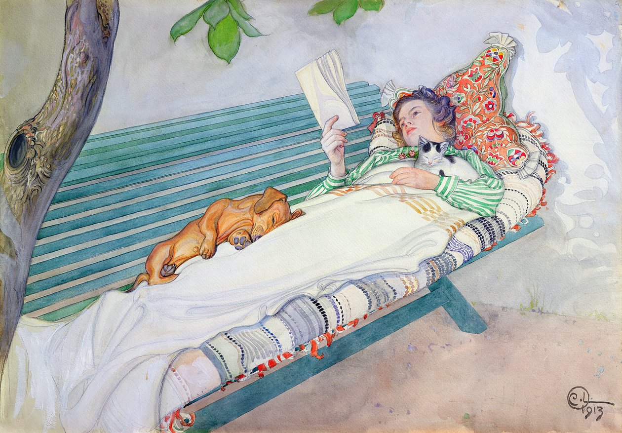 Mulher, mentindo, banco, 1913 de Carl Larsson
