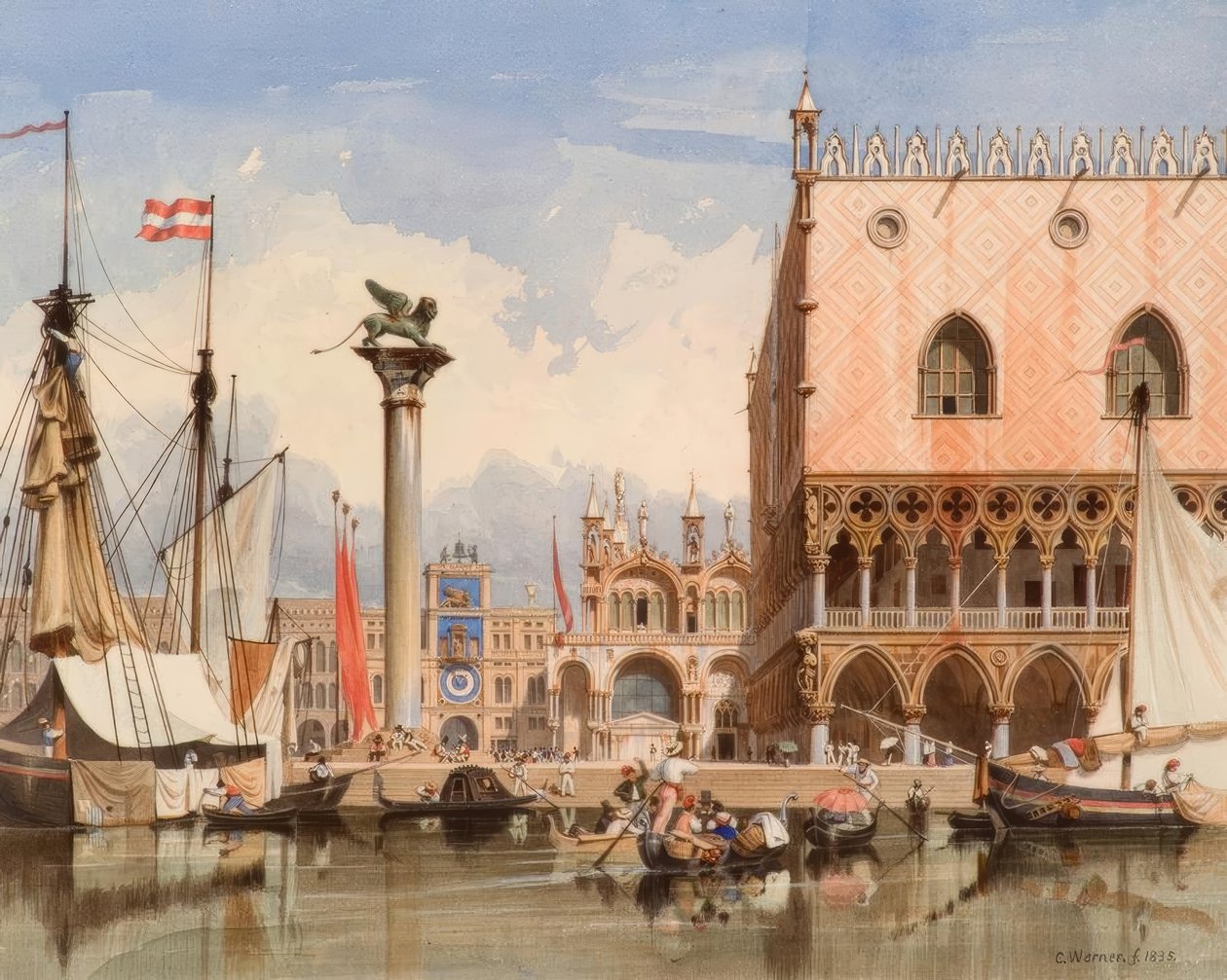 Veneza, Veleiros em frente ao Palácio Ducal - Aquarela v. Werner de Carl Friedrich Heinrich Werner