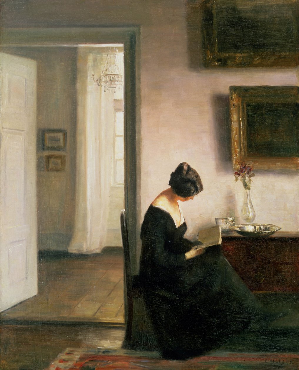 Mulher, leitura, interior de Carl Holsoe