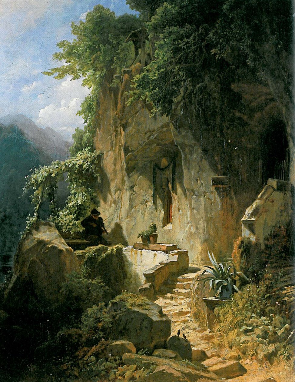 Músico eremita na frente de sua Rockklause de Carl Spitzweg
