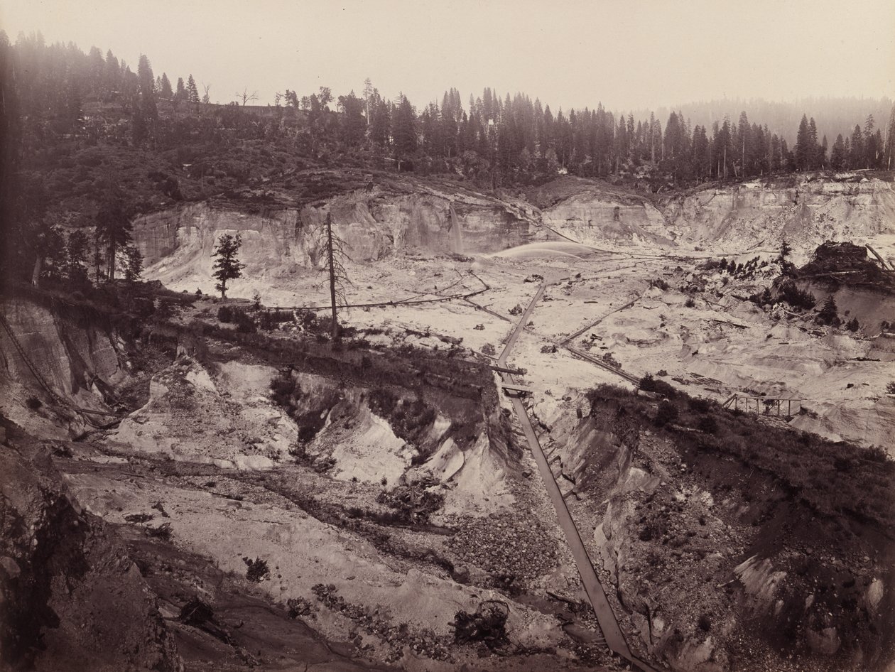 Diggins Malakoff. Empresa de mineração de cascalho de North Bloomfield, c.1871 (impressão de albumina de placa de mamute) de Carleton E. Watkins